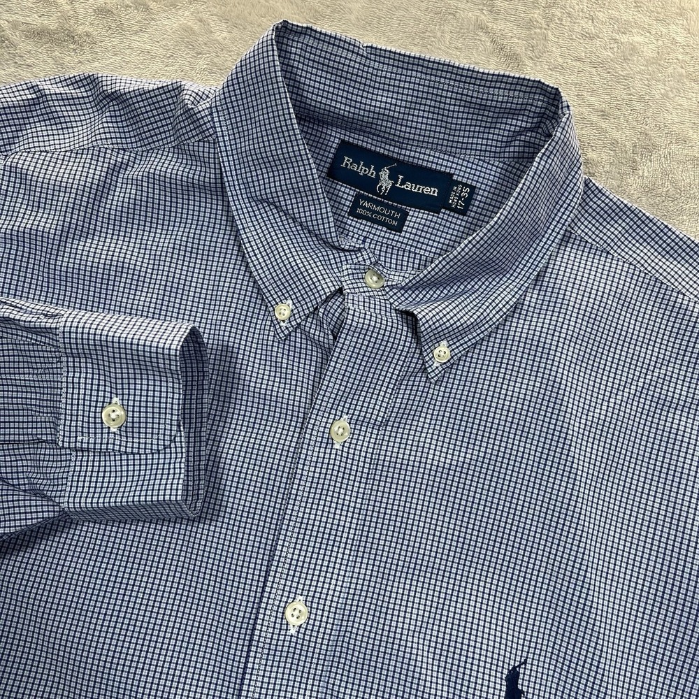 Vintage Ralph Lauren Shirt Mens 17-35 Blue Plaid Yarmouth Button Down